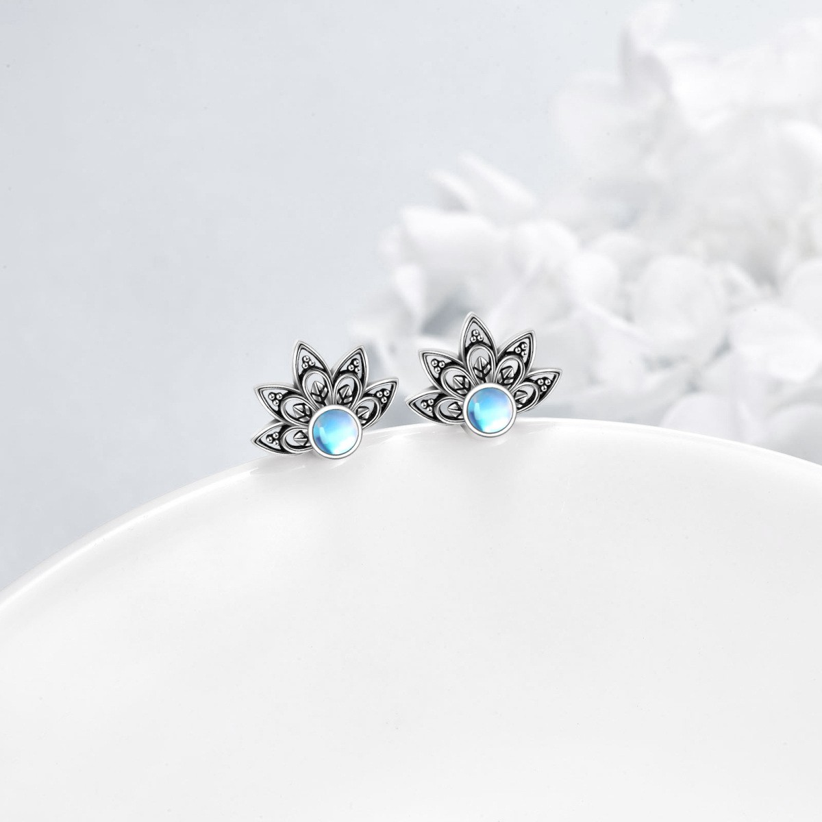 Sterling Silver Moonstone Blue Lotus Stud Earrings-3