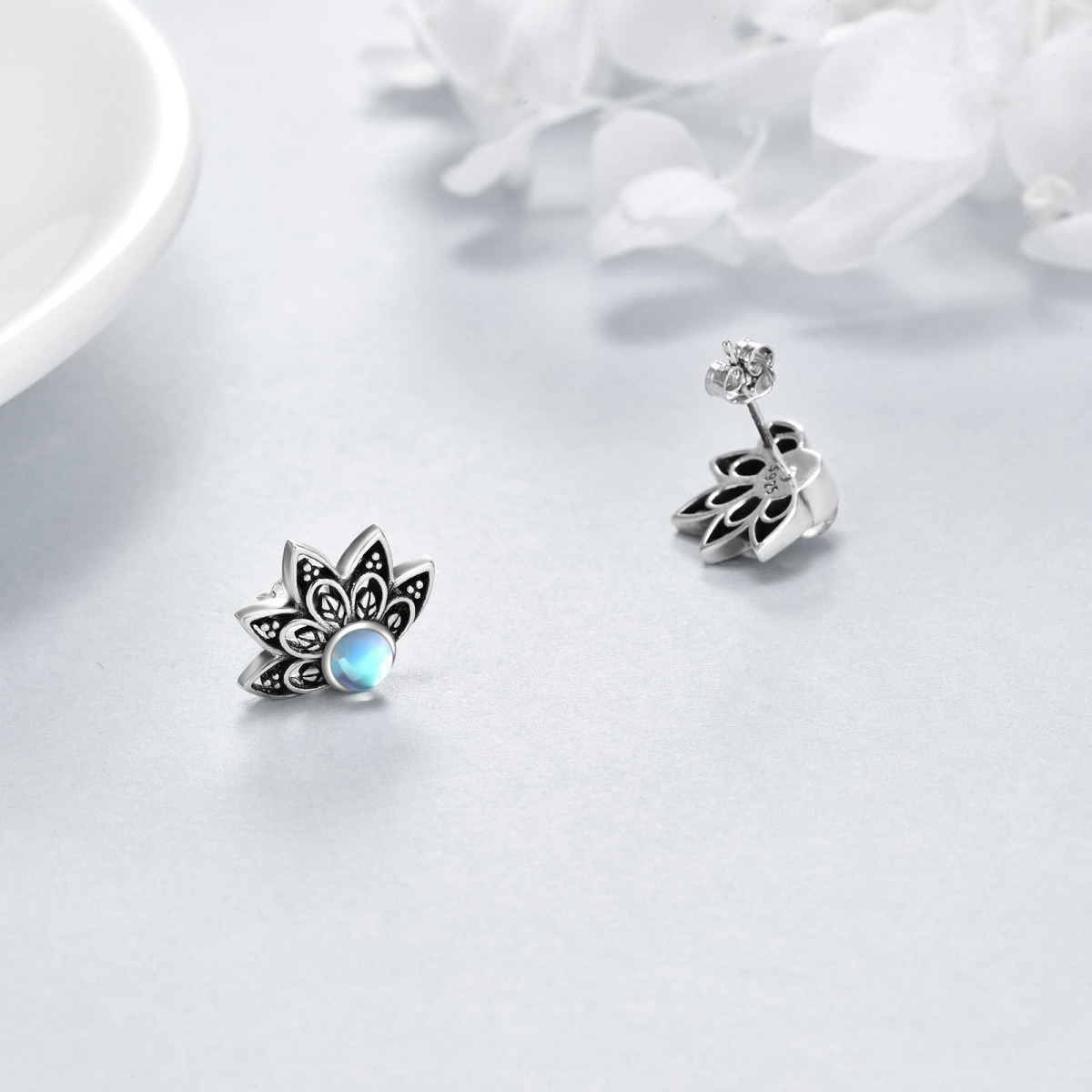 Boucles d'oreilles en argent Sterling Moonstone Blue Lotus Stud Ears-4