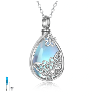 Sterling Silver Moonstone Butterfly & Drop Shape Urn Necklace for Ashes with Engraved Word-19