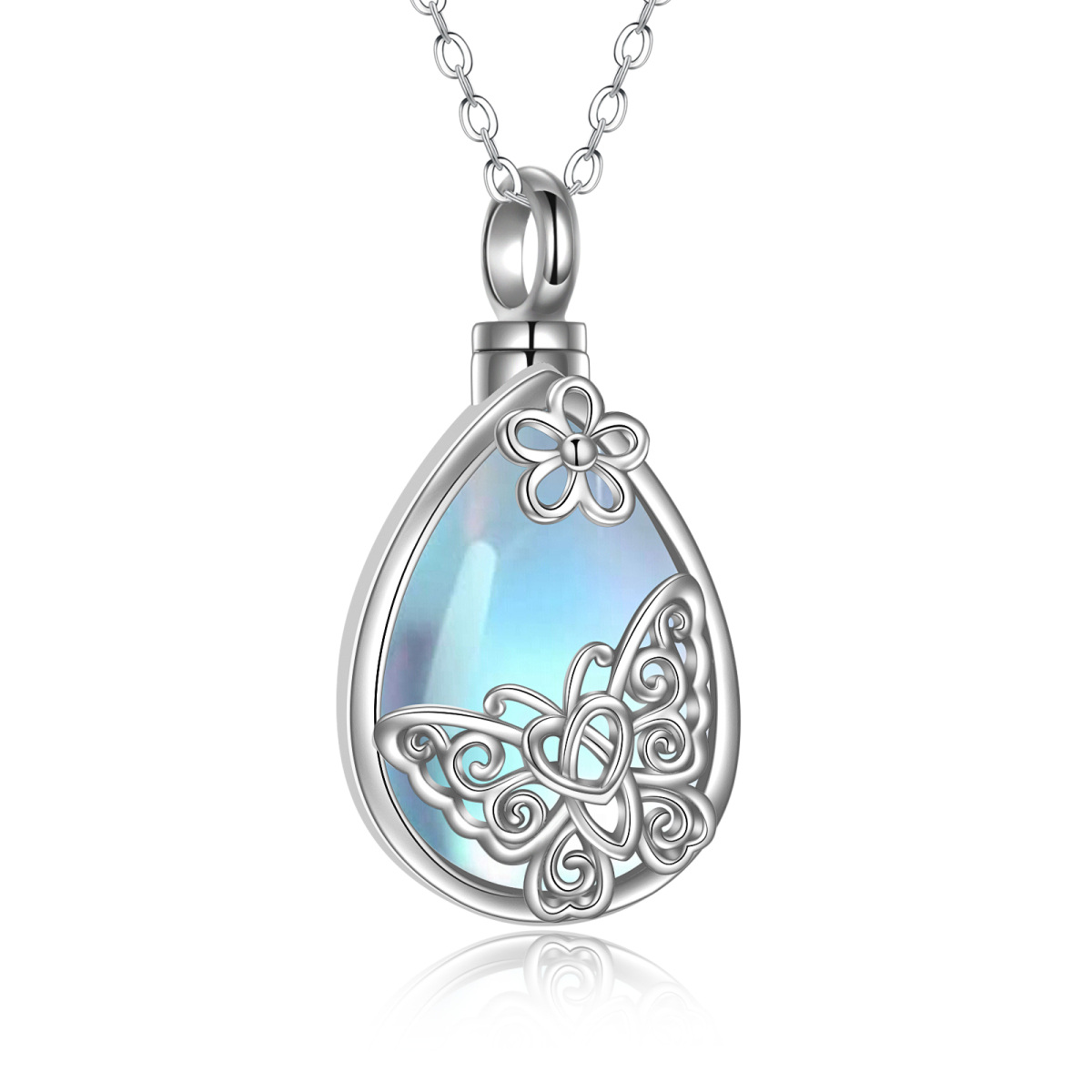 Collier d'urne en forme de goutte de papillon en pierre de lune en argent sterling pour cendres avec mot gravé-1