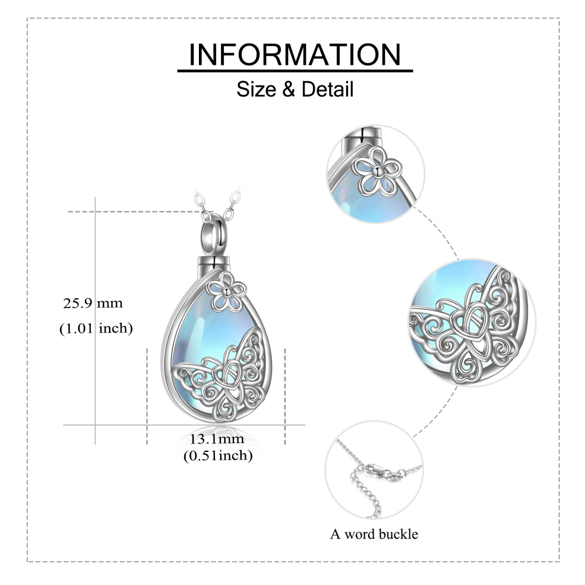 Urnen-Halskette aus Sterlingsilber mit Mondstein und Schmetterling in Tropfenform für die Asche mit eingraviertem Wort-5