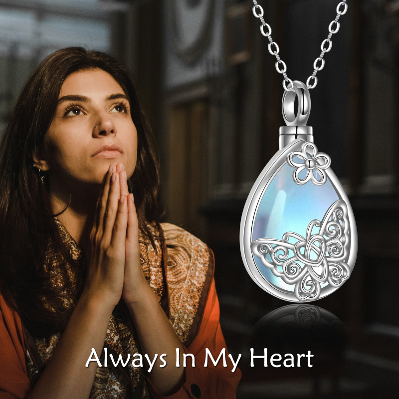 Colar de urna em forma de gota de borboleta com pedra da lua e prata de lei para cinzas com palavra gravada-6