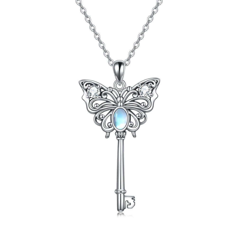 Sterling Silver Cubic Zirconia Moonstone Butterfly Key Pendant Necklace For Women-1