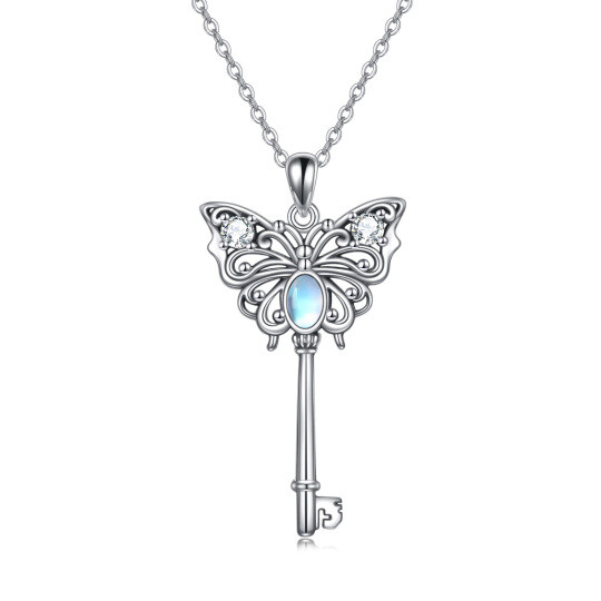 Sterling Silver Cubic Zirconia & Moonstone Butterfly & Key Pendant Necklace