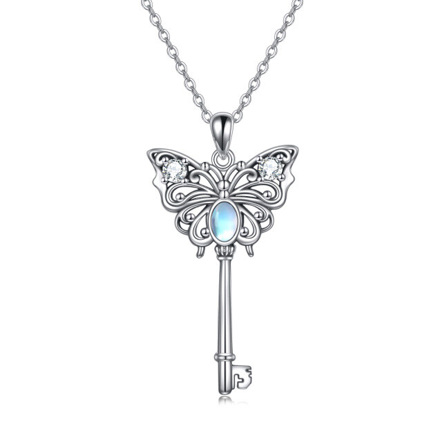 Sterling Silver Cubic Zirconia & Moonstone Butterfly & Key Pendant Necklace-4