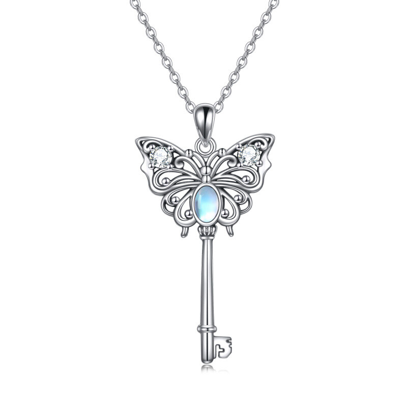 Collar con colgante de llave de mariposa de piedra lunar con circonita cúbica de plata de ley para mujer-1