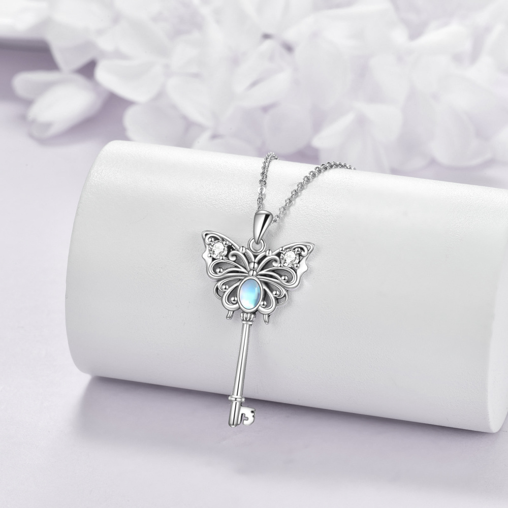 Sterling Silver Cubic Zirconia Moonstone Butterfly Key Pendant Necklace For Women-3