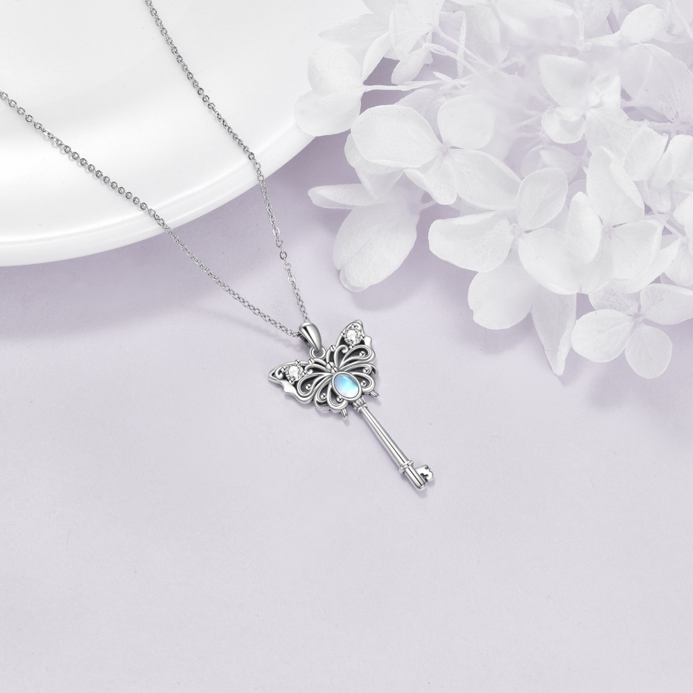 Sterling Silver Cubic Zirconia Moonstone Butterfly Key Pendant Necklace For Women-4
