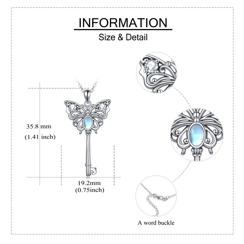 Sterling Silver Cubic Zirconia Moonstone Butterfly Key Pendant Necklace For Women-5