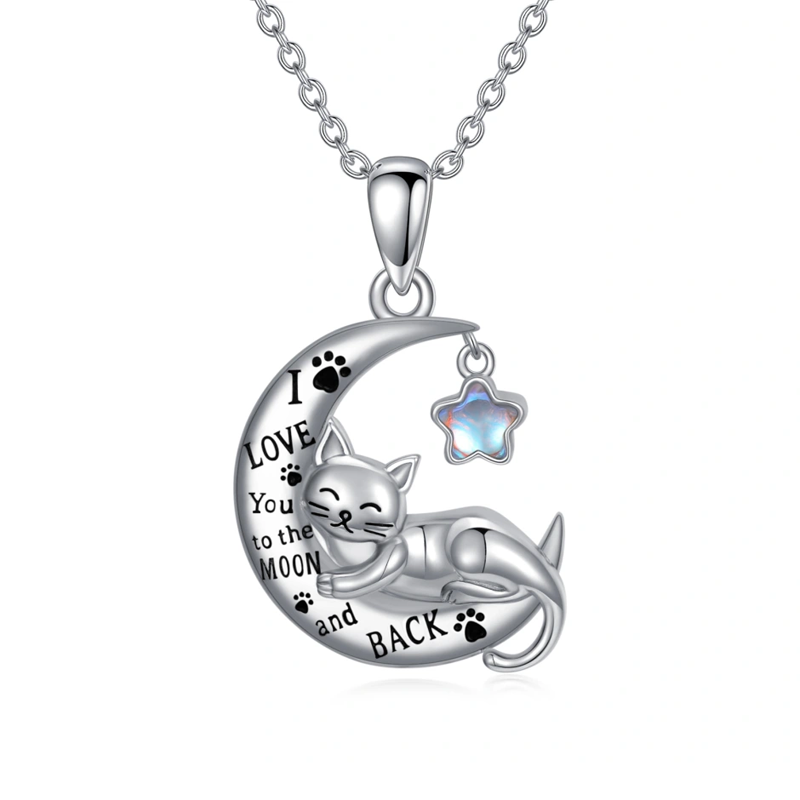 Collana in argento sterling con pietra di luna e zampa di gatto, luna e stella incisa per donna-1