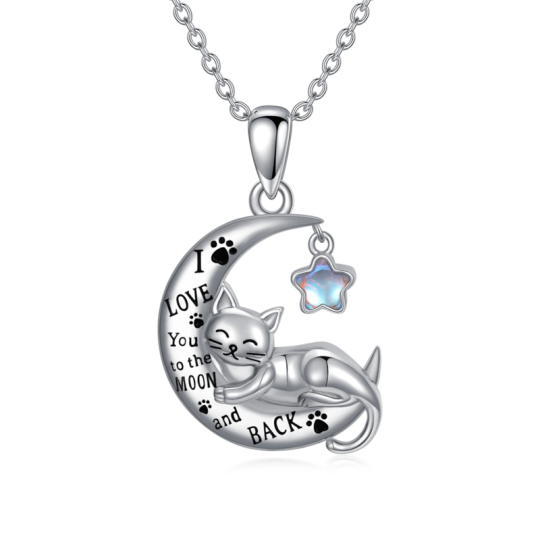 Collar de plata de ley con piedra lunar, pata de gato, luna y estrella grabados para mujer