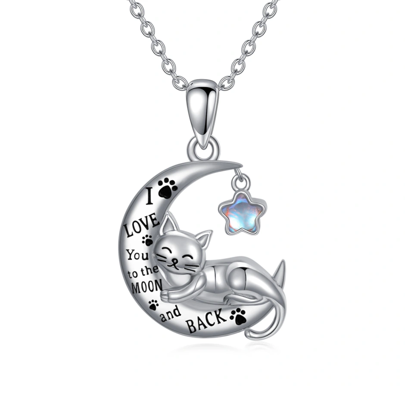 Sterling Silver Moonstone Cat Paw Moon Star Engraved Necklace for Women-11