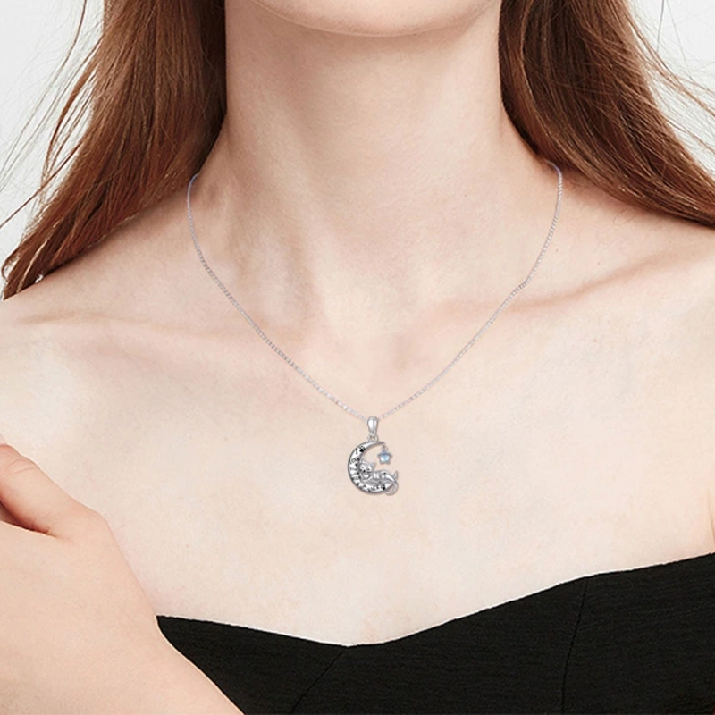 Sterling Silver Moonstone Cat Paw Moon Star Engraved Necklace for Women-2