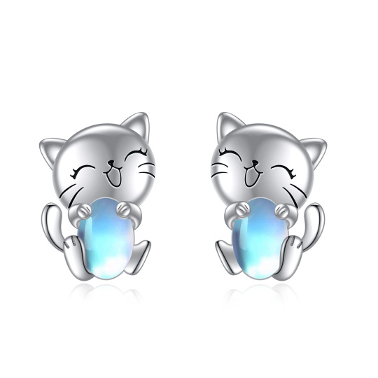 Pendientes de plata de ley con forma de gato y piedra de luna