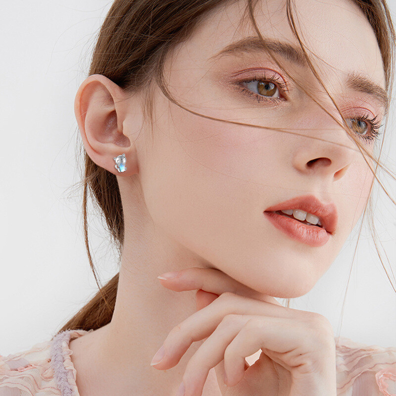 أقراط أذن من الفضة الإسترلينية بتصميم قطة من حجر القمر-2