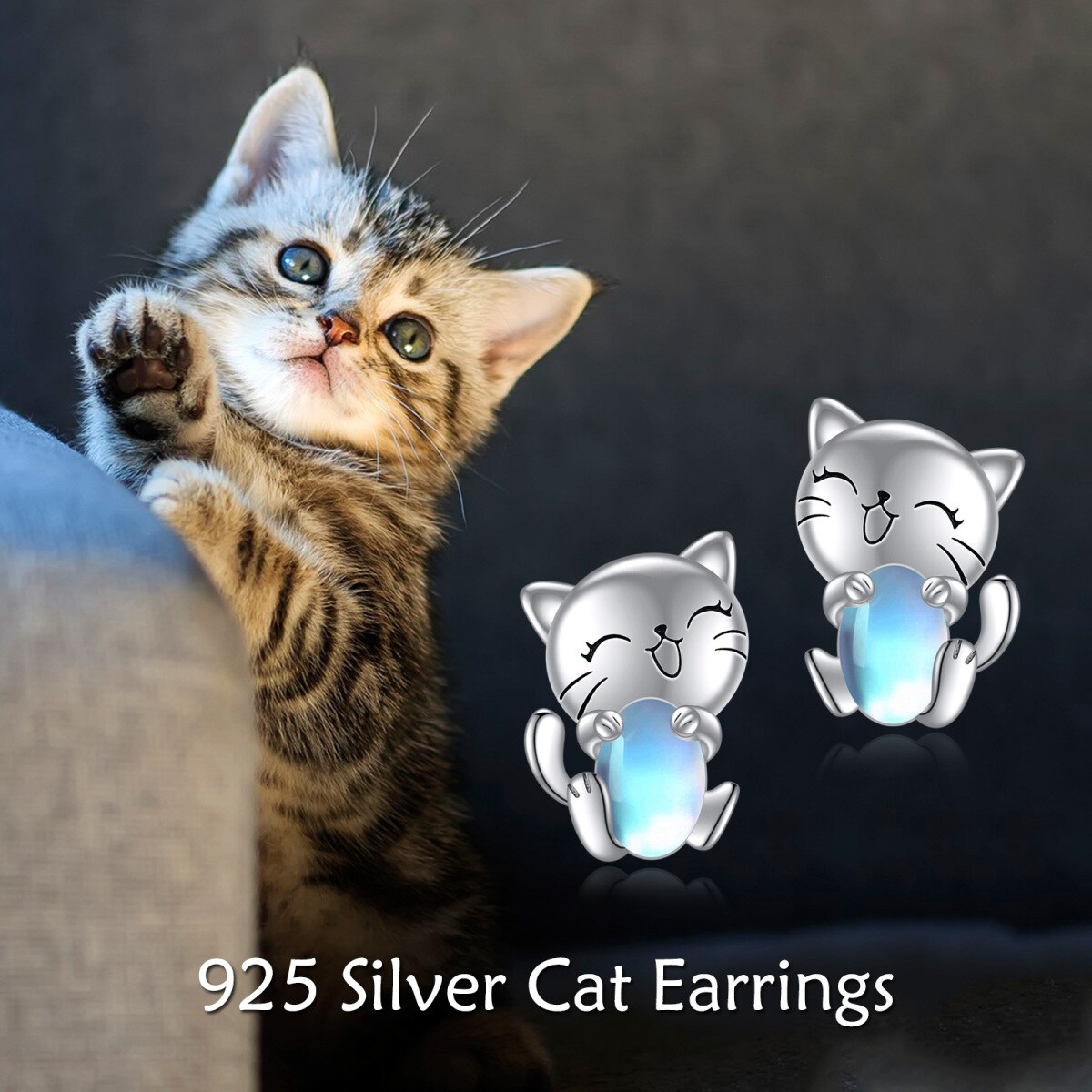 Sterling Silver Moonstone Cat Stud Earrings-3