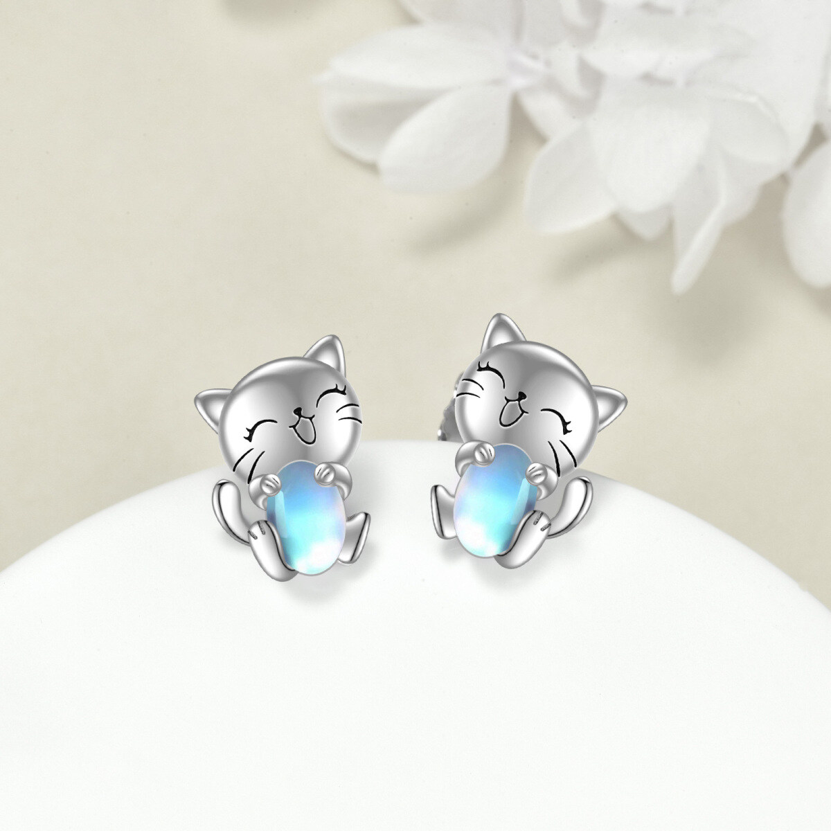 Sterling Silver Moonstone Cat Stud Earrings-4