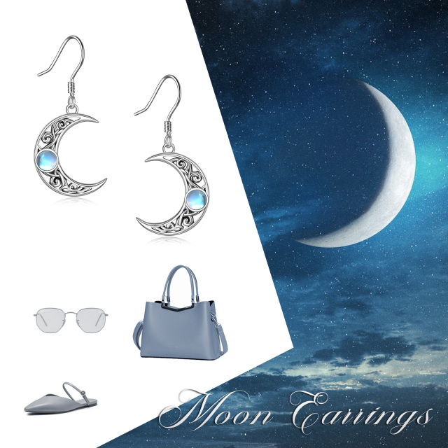 Boucles d'oreilles en argent Sterling Moonstone Celtic Knot & Moon Drop Earrings-6