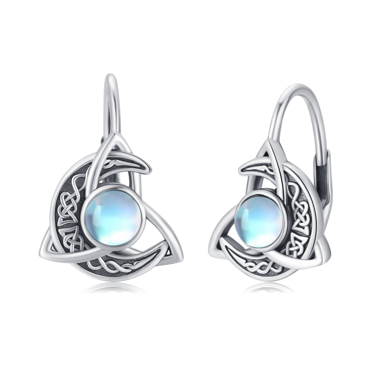 Sterling Silver Moonstone Celtic Knot and Moon Lever-back Earrings-1