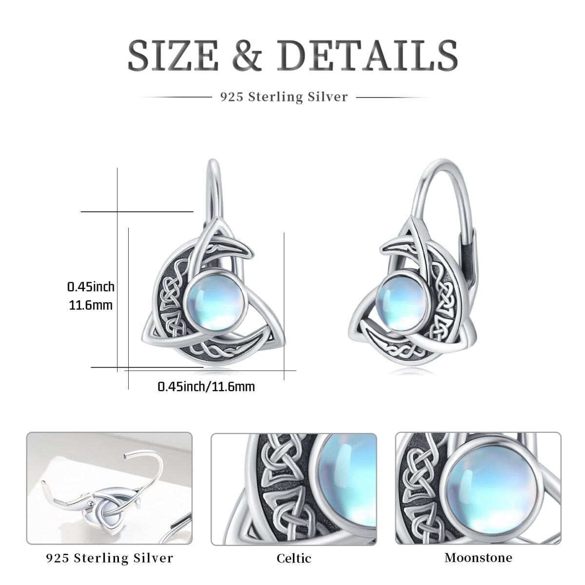 Sterling Silver Moonstone Celtic Knot and Moon Lever-back Earrings-6