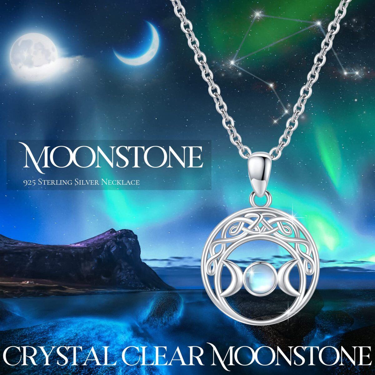 Sterling Silver Moonstone Celtic Knot & Triple Moon Goddess Pendant Necklace-4