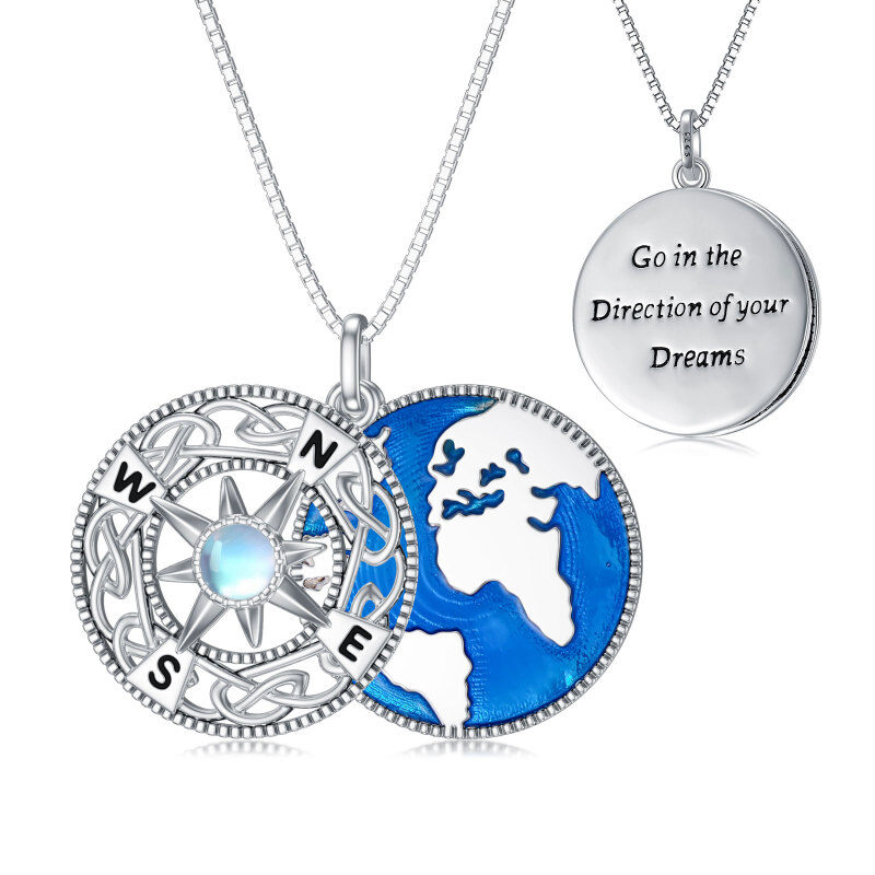 Colar com pingente de bússola de pedra da lua em prata esterlina com palavra gravada-17