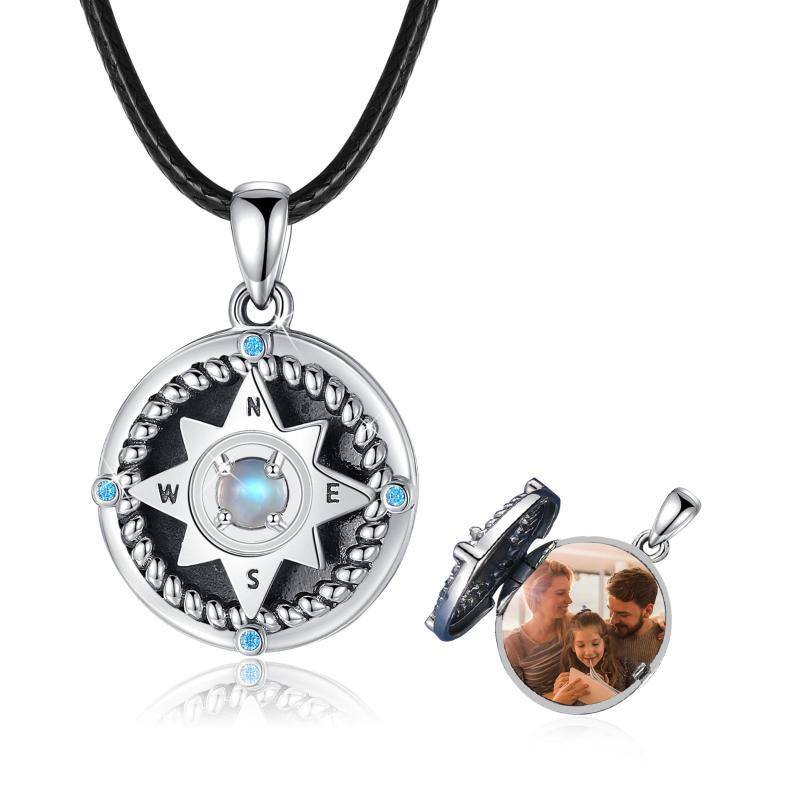 Sterling zilveren maansteen kompas gepersonaliseerde foto zakje ketting-1