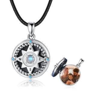 Sterling Silver Moonstone Compass Personalized Photo Locket Necklace-4