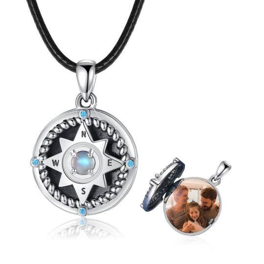 Collana d'argento con bussola in pietra di luna e medaglione con foto personalizzata