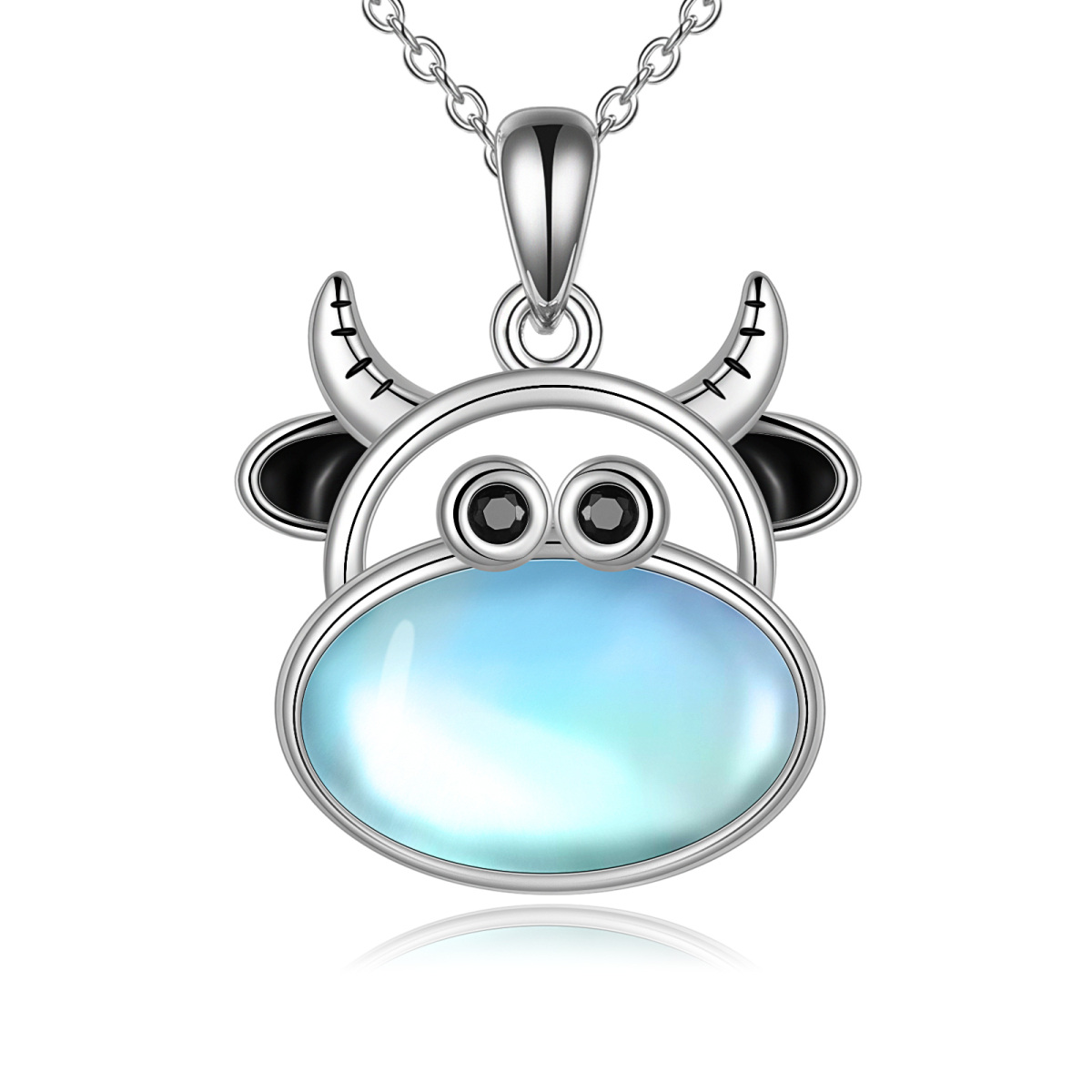 Sterling Silver Moonstone Cow Pendant Necklace-1