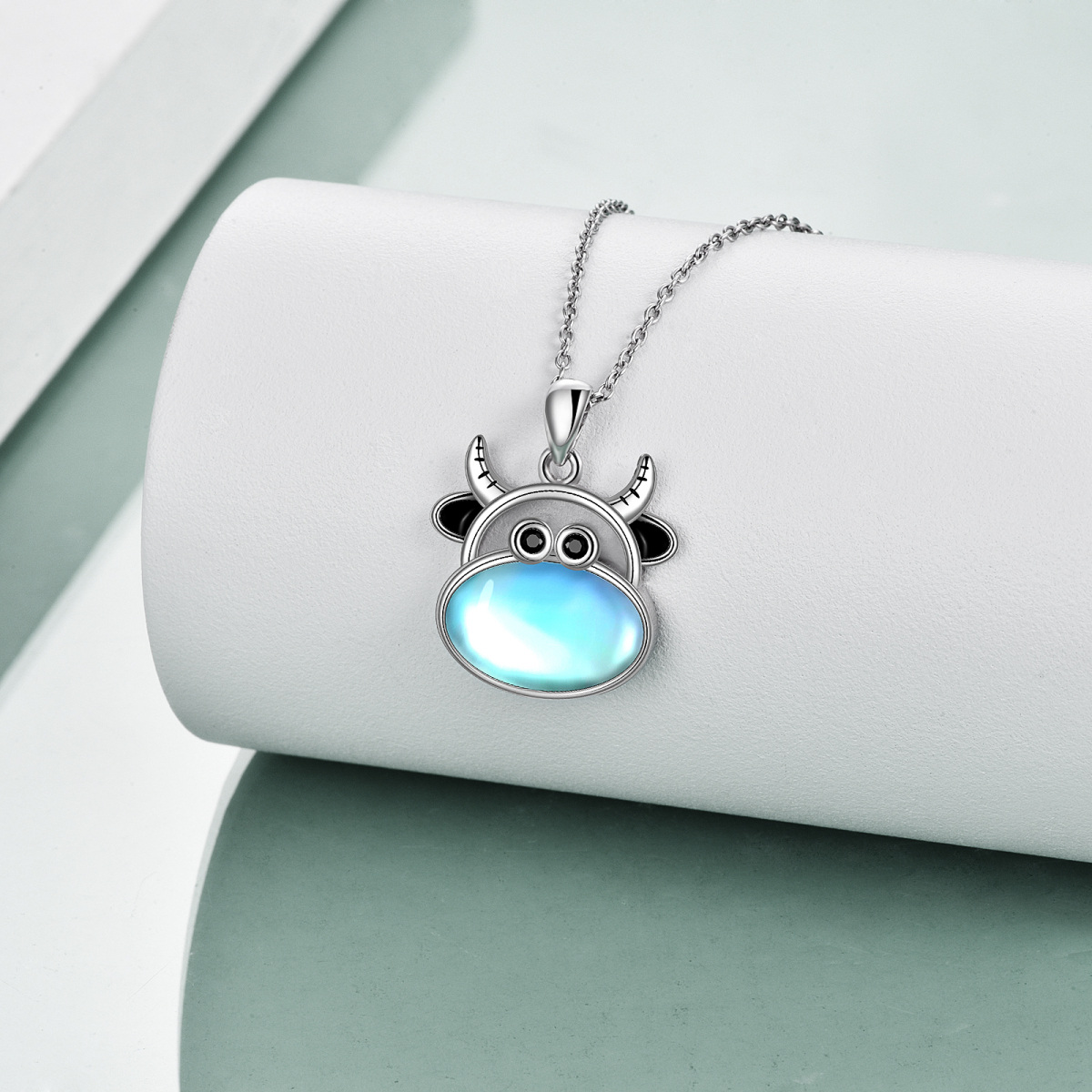 Sterling Silver Moonstone Cow Pendant Necklace-3