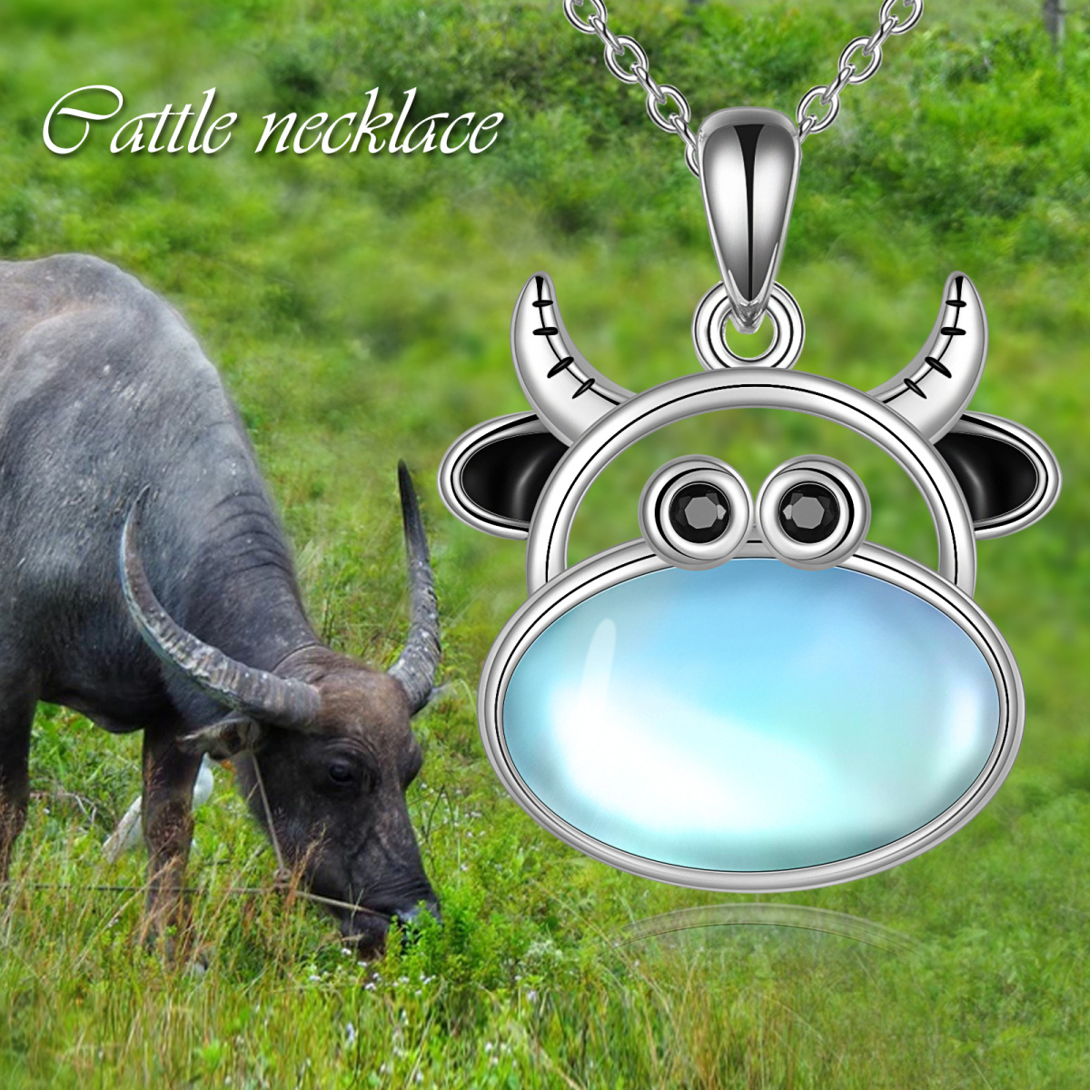 Sterling Silver Moonstone Cow Pendant Necklace-5