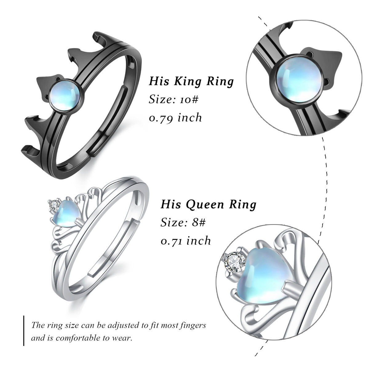 Sterling Silver Moonstone The Crown Couple Rings-5