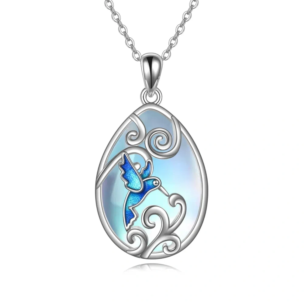 Colar de prata esterlina com pedra da lua e pingente de beija-flor de cristal-1