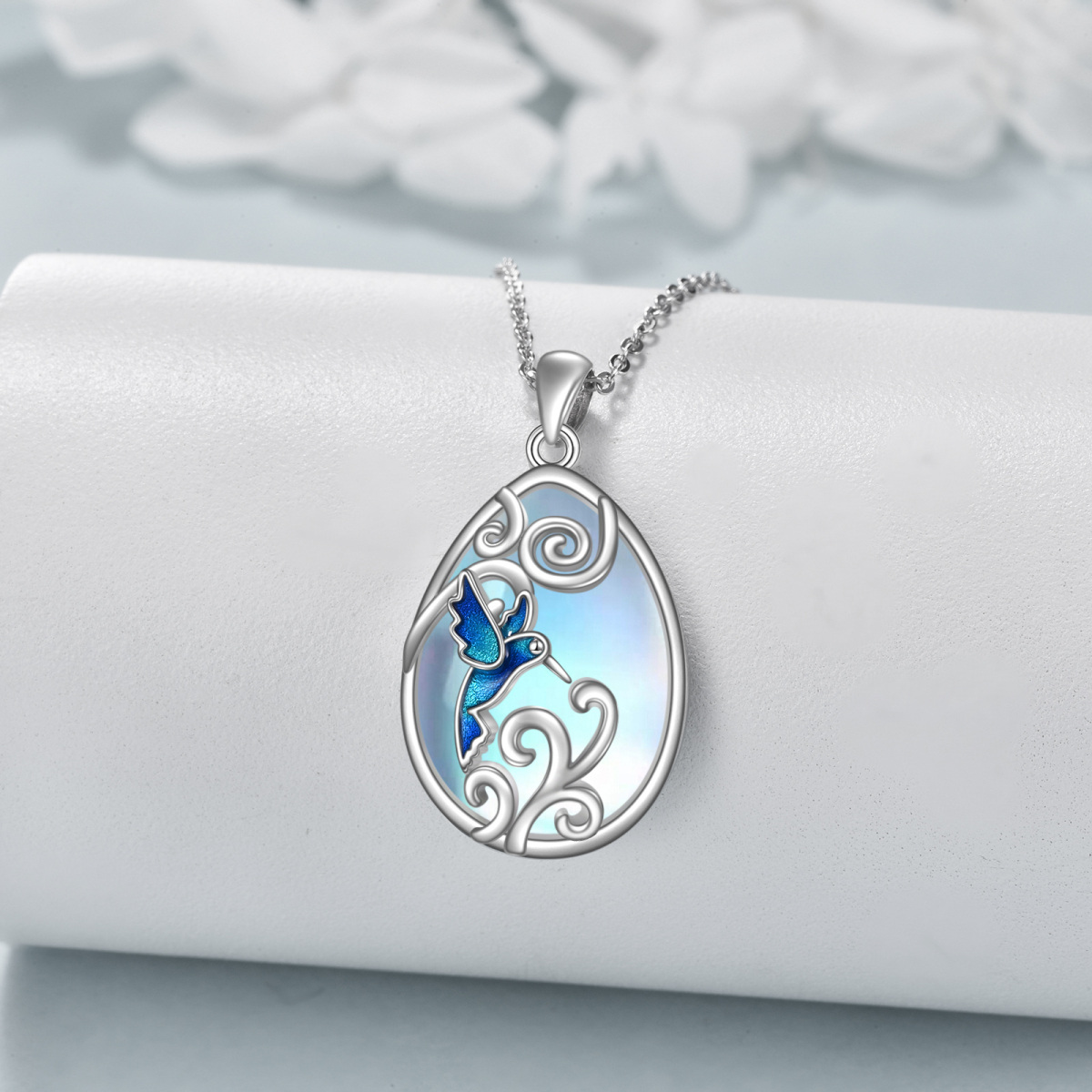 Sterling Silver Moonstone & Crystal Hummingbird Pendant Necklace-2