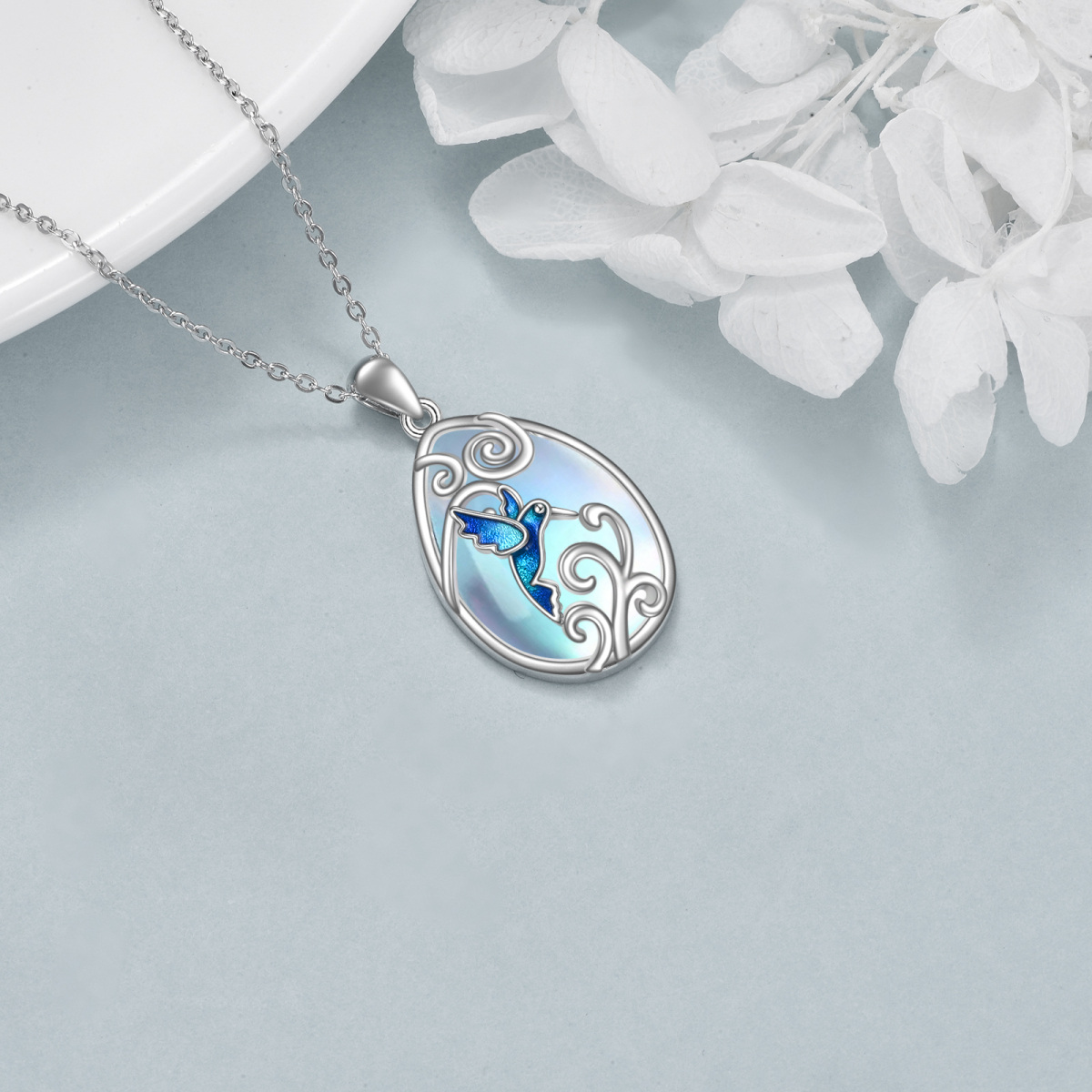 Sterling Silver Moonstone & Crystal Hummingbird Pendant Necklace-3