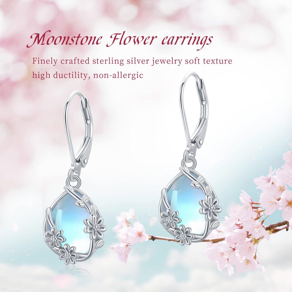 Sterling Silver Moonstone Daisy & Drop Shape Lever-back Earrings-4