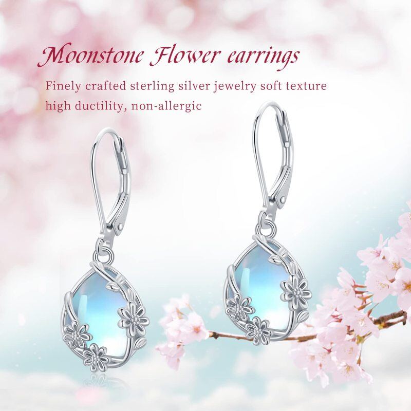 Sterling Silver Moonstone Daisy & Drop Shape Lever-back Earrings-4