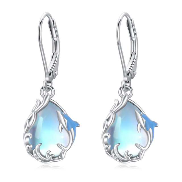 Sterling Silver Moonstone Dolphin & Drop Shape Lever-back Earrings