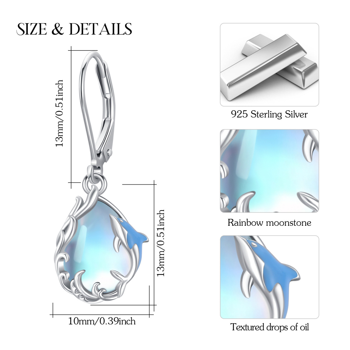 Sterling Silver Moonstone Dolphin & Drop Shape Lever-back Earrings-5