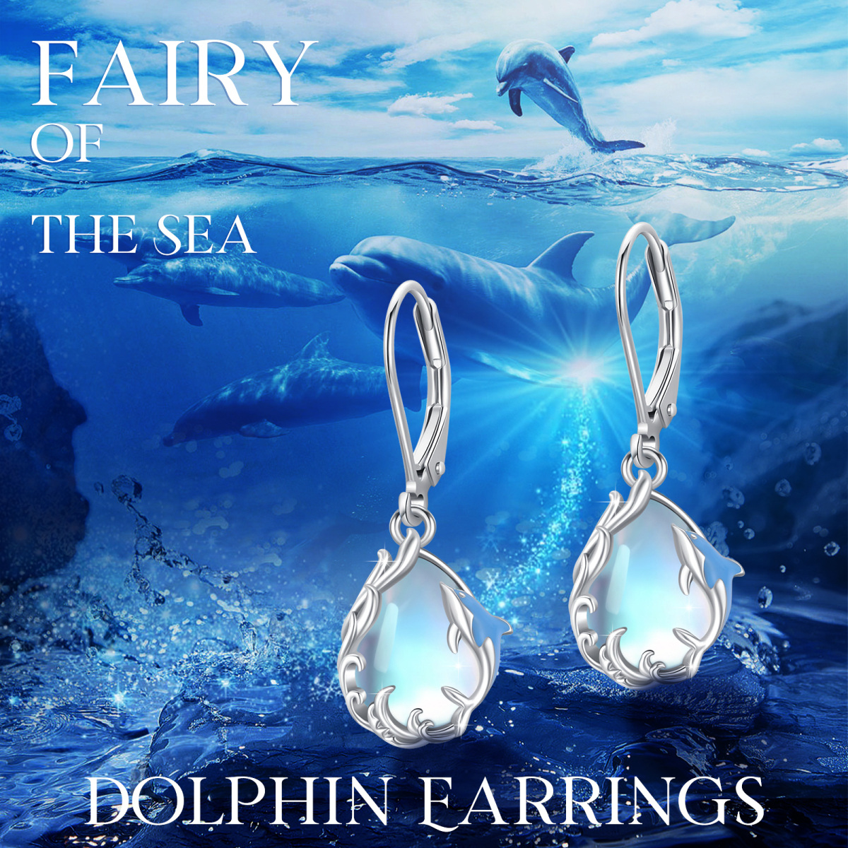 Sterling Silver Moonstone Dolphin & Drop Shape Lever-back Earrings-6