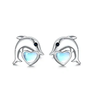 Sterling Silver Moonstone Dolphin & Heart Stud Earrings-41