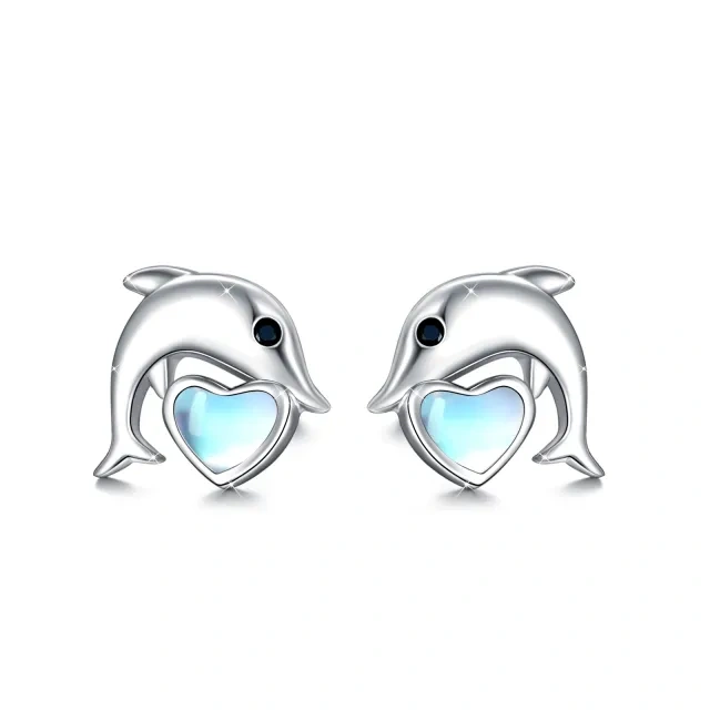 Sterling Silver Moonstone Dolphin & Heart Stud Earrings