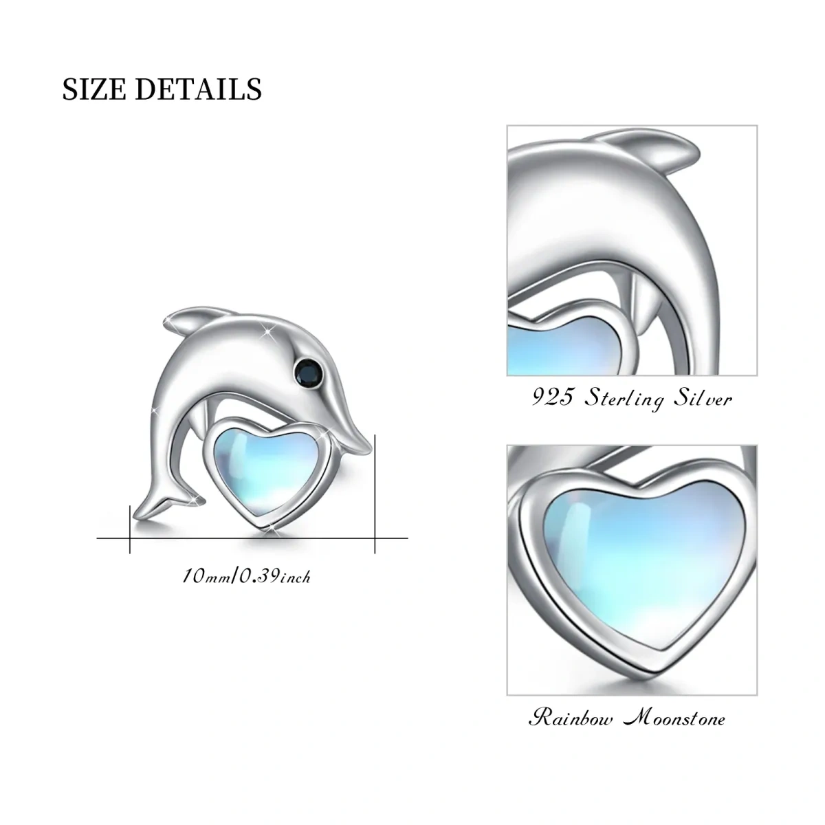 Sterling Silber Mondstein Delphin & Herz Ohrstecker-5