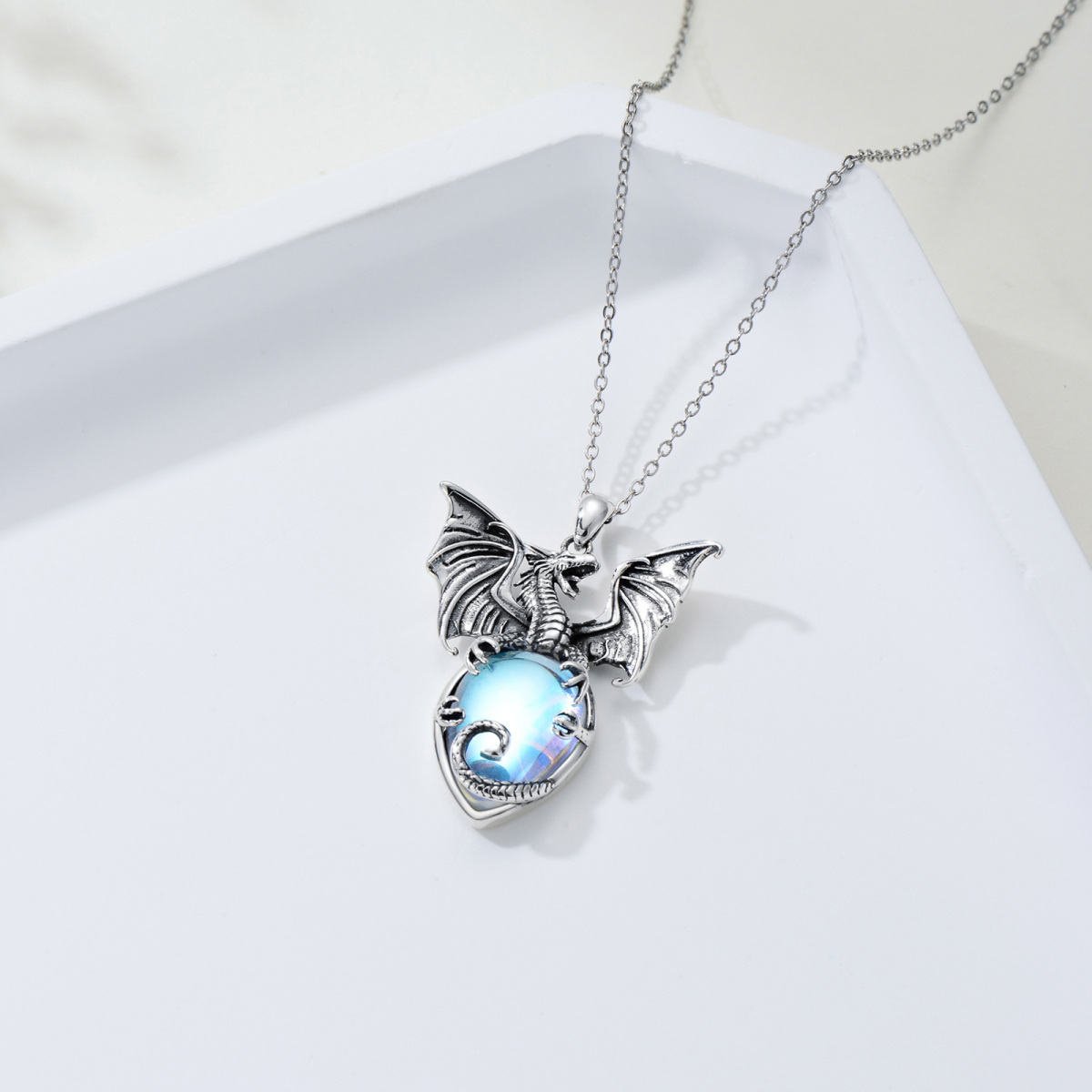 Sterling Silver Moonstone Dragon Pendant Necklace-4