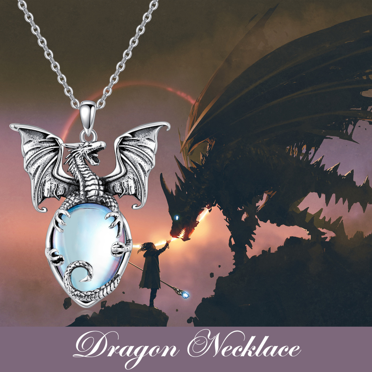 Sterling Silver Moonstone Dragon Pendant Necklace-5