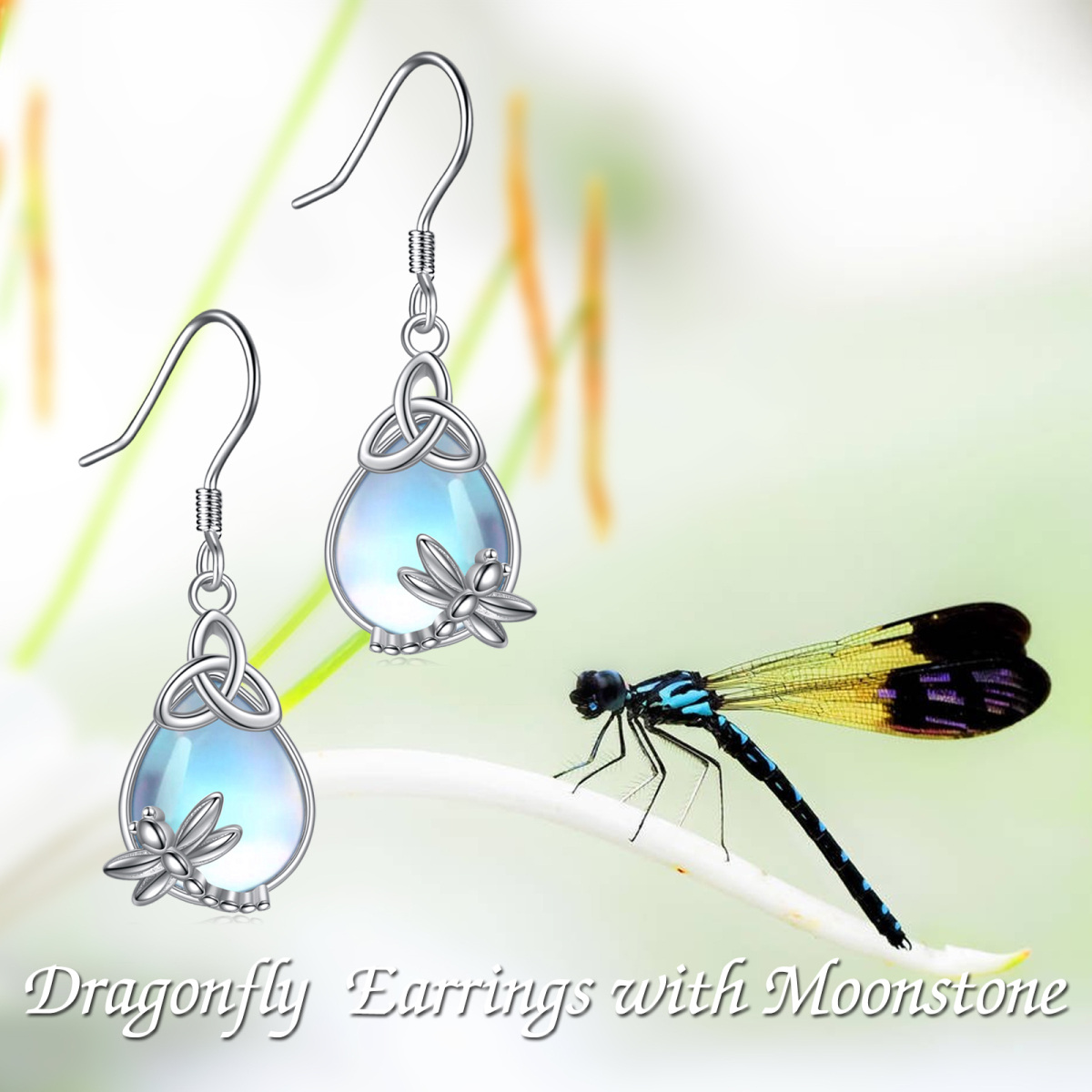 Sterling Silver Moonstone Dragonfly Drop Earrings-6