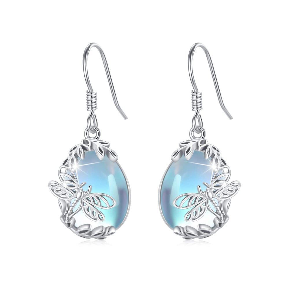 Sterling Silver Moonstone Dragonfly Drop Earrings-1