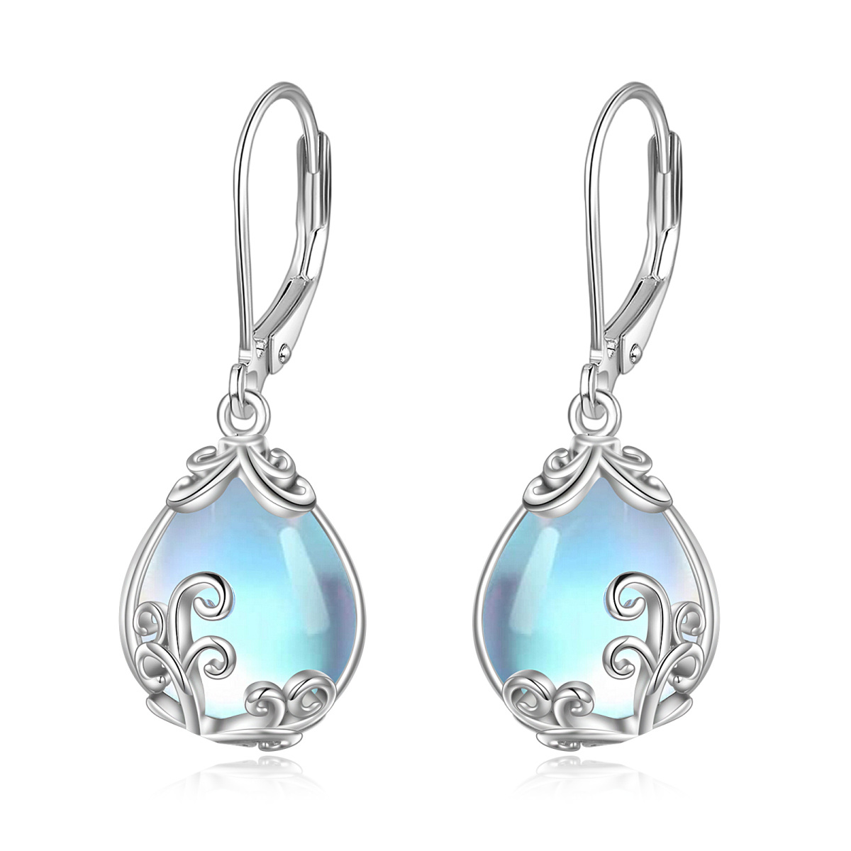 Sterling Silver Moonstone Drop Shape & Filigree Lever-back Earrings-1