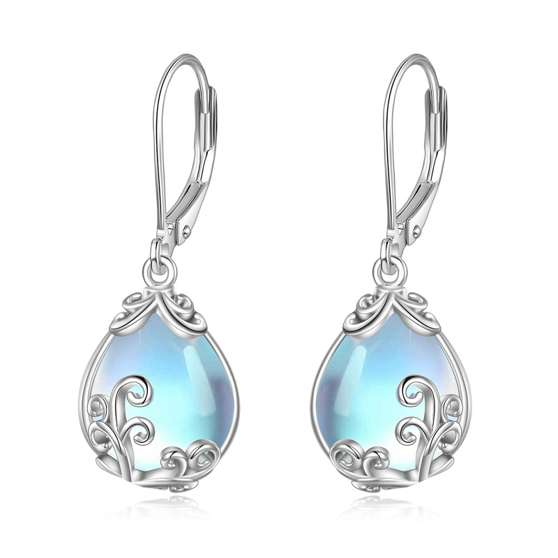 Sterling Silver Moonstone Drop Shape & Filigree Lever-back Earrings